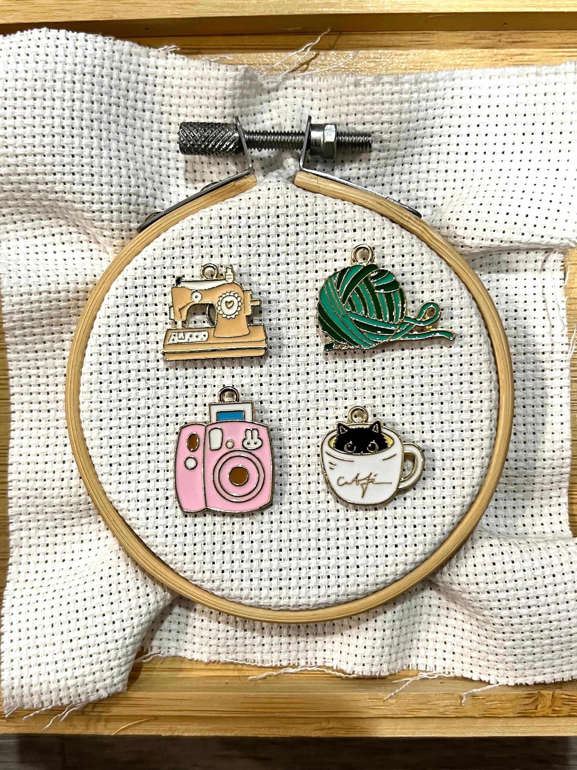 Crafty Cute needle minder | Ball of Yarn | Polaroid Camera | Sewing Machine | Cat in Cup | Embroidery minder