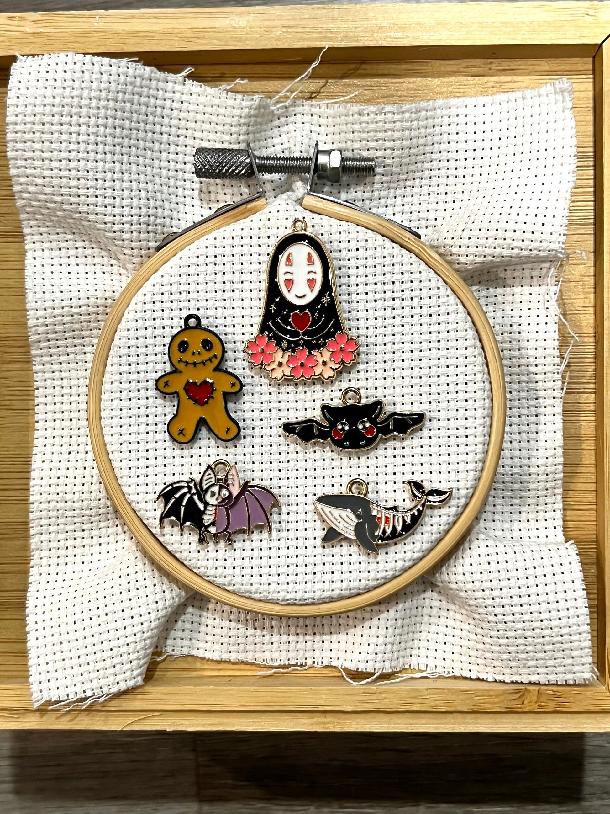 Spooky needle minder | Bat | Whale | Gingerbread man | Spirited Away No-Face | Embroidery minder